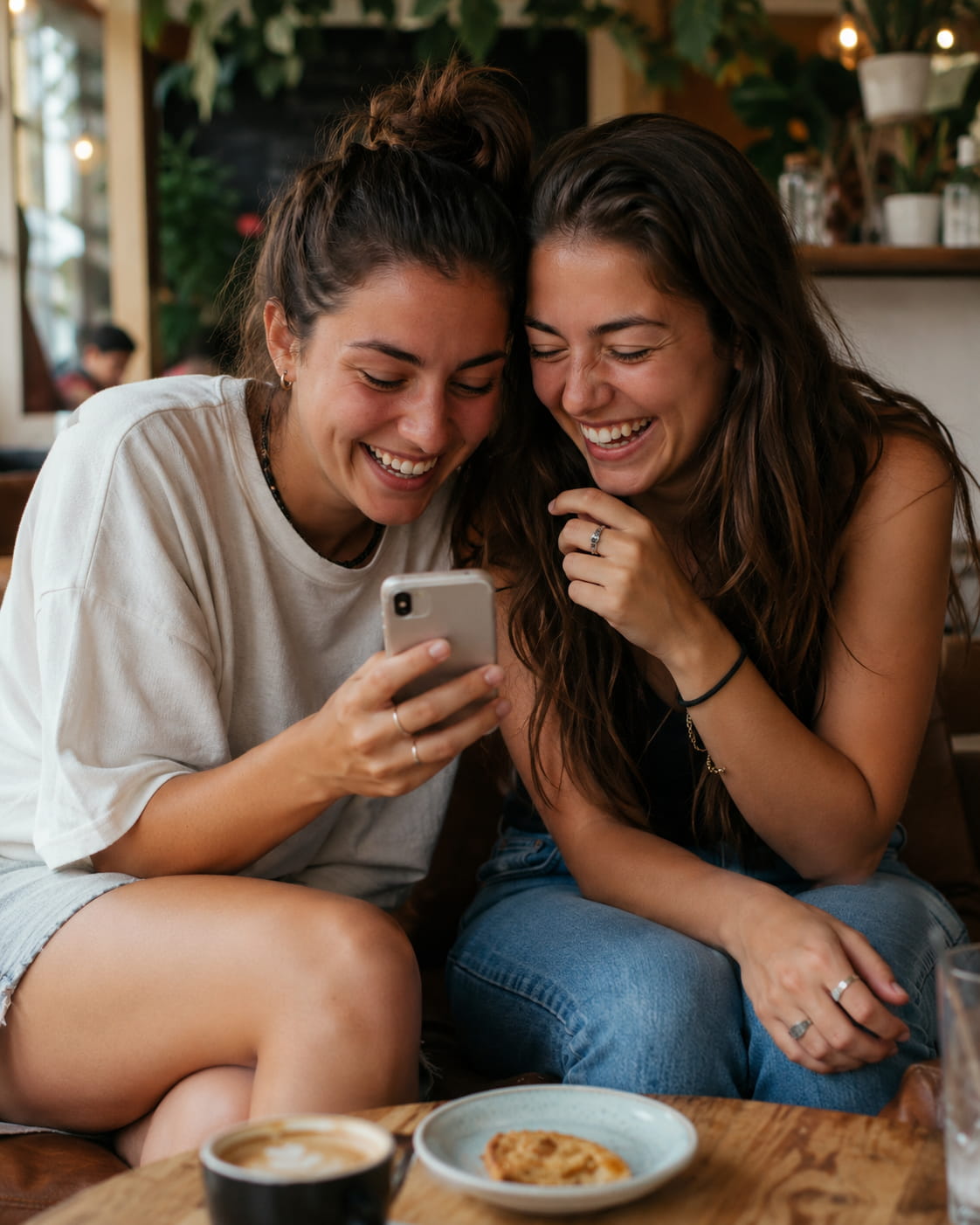 Two women smiling and looking at phone