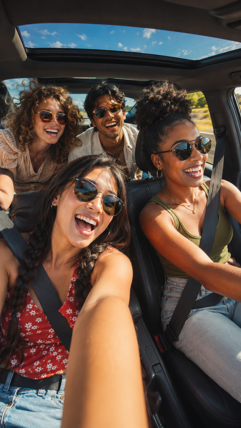 Group of friends laughing together inside a car on a road trip